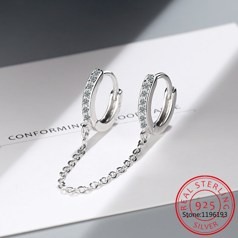 Pendientes de aro de doble círculo para mujer, de Plata de Ley 925, 1 piezas, cadena larga, joyería elegante, SCE1678