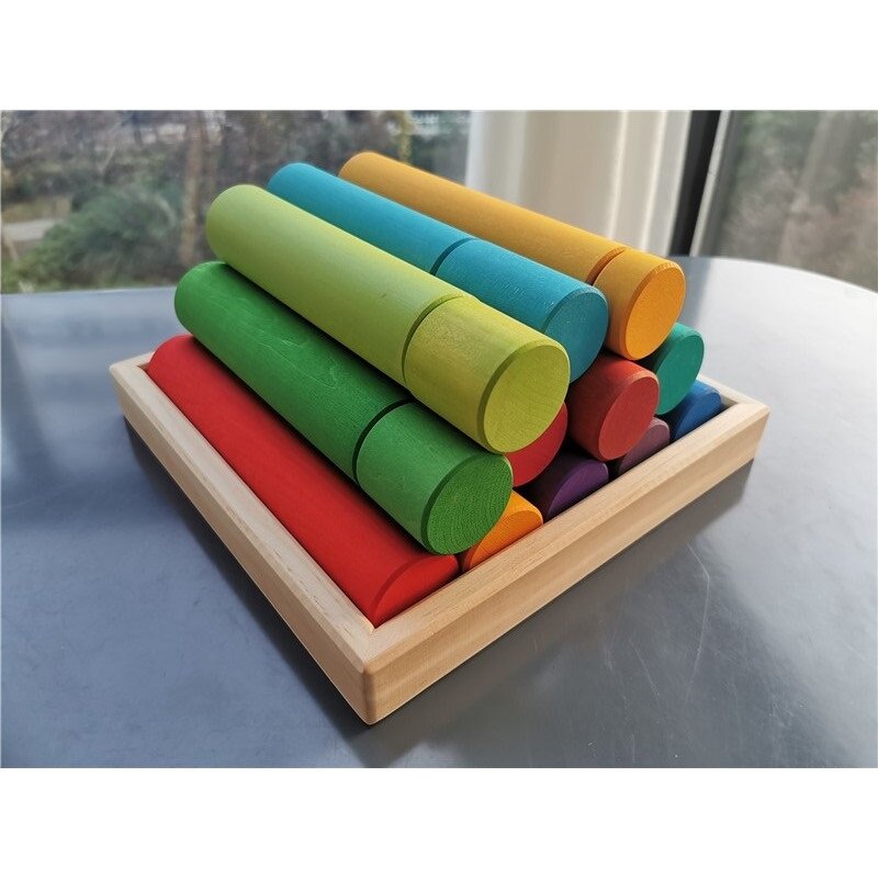 25pcs Kids Large Wood Building Rollers Rainbow Blocks Stain Basswood Stacking Cylinders Educational Creative Toys