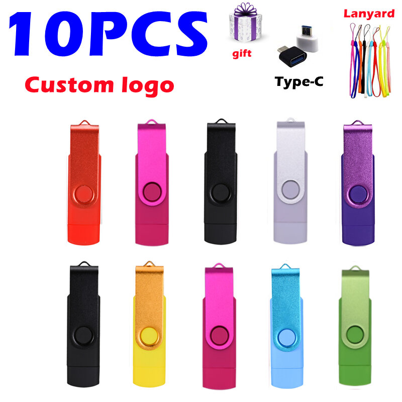 10PCS/LOT Custom Logo USB Flash Drive 64g 32g Pen Drive 8g 16g USB2.0 128g USB Stick Flash Drive OTG Type-c for Smartphone