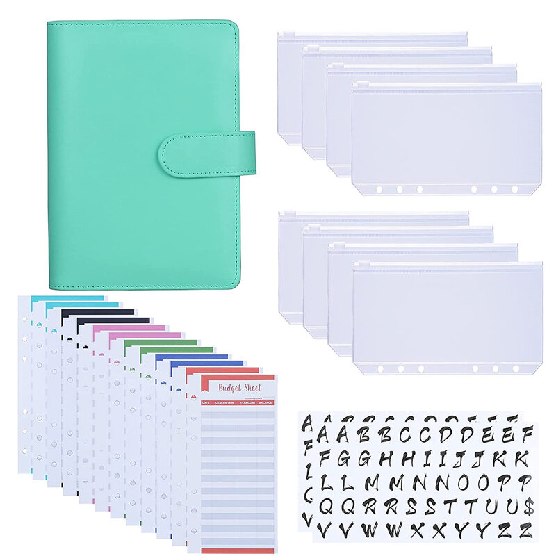 A6 PU Binder Budget Cover Cash Envelopes System with Binder Pockets,Expense Budget Sheets and Letter Sticker Labels for Saving