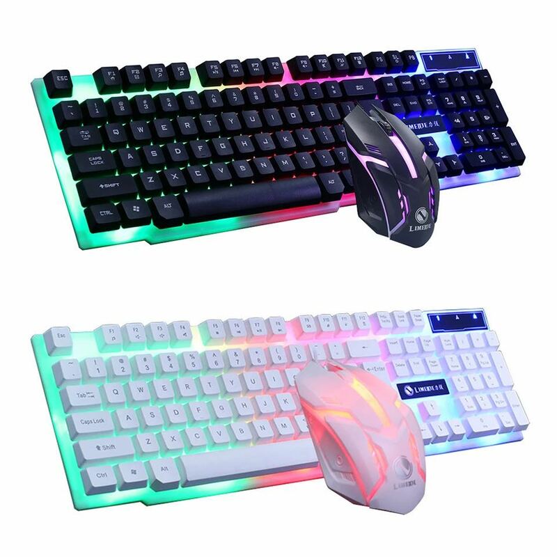 Conjunto de mouse e teclado com fio, arco-íris PC, LED colorido, retroiluminado iluminado, kit gamer, casa, escritório
