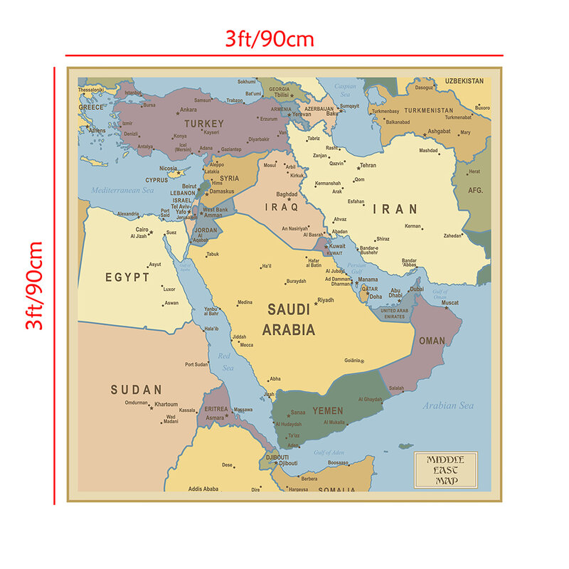 Mapa político do oriente médio, 90*90 cm, não-tecido, pintura de tela, arte de parede, poster da sala, decoração de casa, material escolar