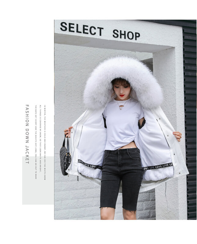 2023 novo coreano parka para as mulheres de comprimento médio pele de coelho forro de pele de guaxinim gola lantejoulas moda com capuz casaco de pele feminino inverno