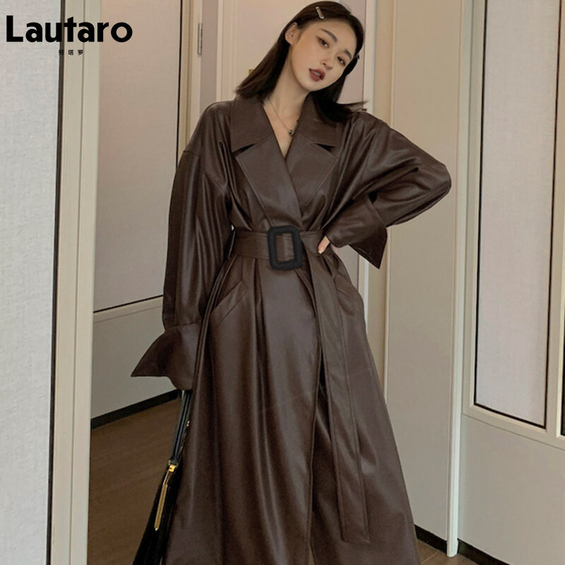 Lautaro-gabardina larga de piel sintética para mujer, abrigo holgado de gran tamaño con cinturón, estilo europeo, a la moda, para otoño, 2022