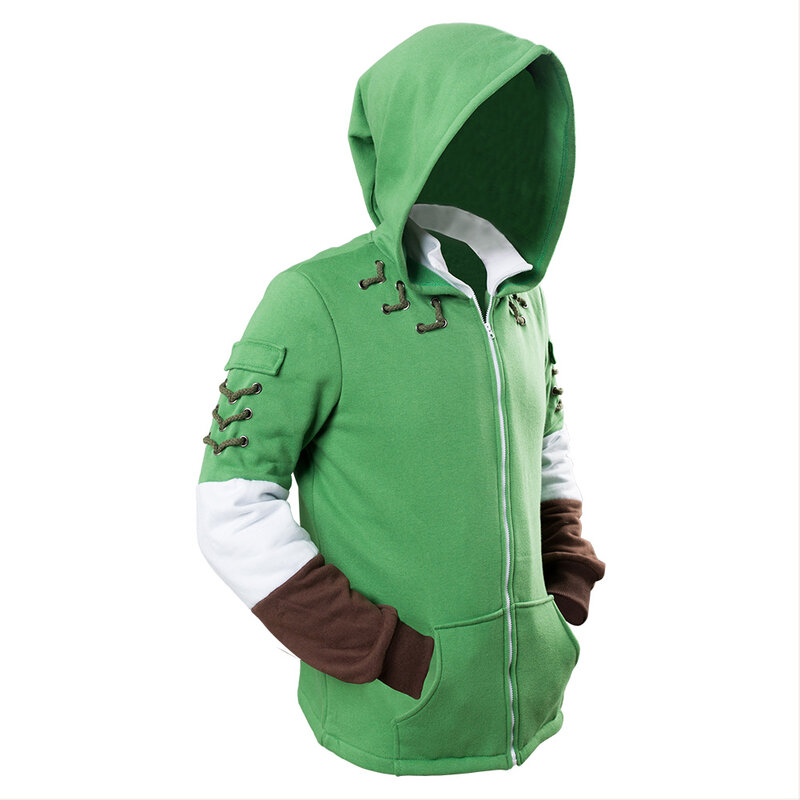 Casaco com capuz fantasia cosplay para adultos, jaqueta manga comprida, moletom verde com zíper, casaco de algodão, link