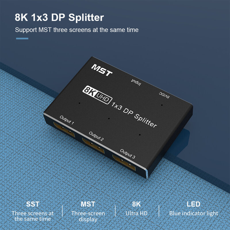 Divisor de 8K DisplayPort 1 en 3 salida 8K @ 30Hz 4K @ 144Hz Ultra HD DP 1,4 Splitter MST SST Triple adaptador Hub para Puerto DisplayPort 1x3