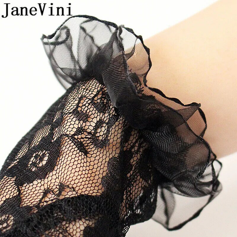 JaneVini Sexy Black Evening Gloves Lace Full Finger Sheer Bride Gloves Short Wrist Length Bridal Wedding Gloves gants mariee New
