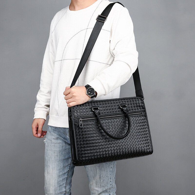New Fashion Men's Briefcase Business Travel Bag Woven Male Handbag Casual Shoulder Crossbody Bag Laptop Messenger Bag for Man