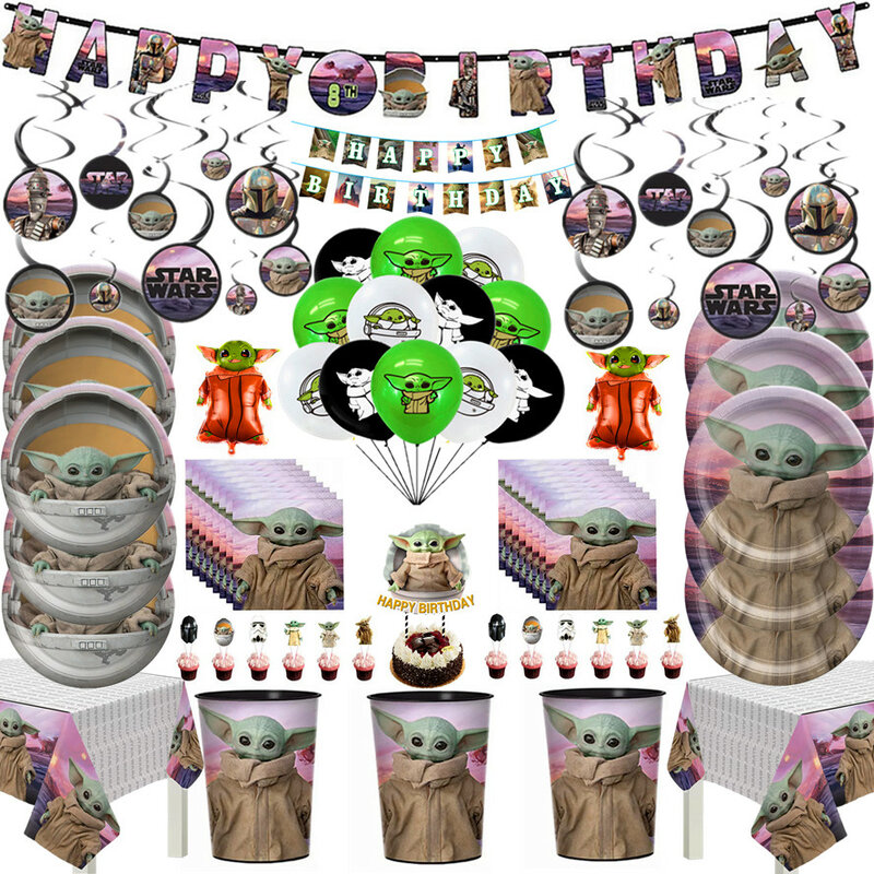 Suministros de fiesta mandalorianos, Bandera de papel, servilleta, mantel, plato de taza, globo, Yoda, tema de bebé, decoración de fiesta de cumpleaños de Baby Shower