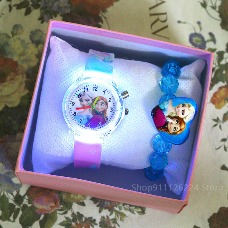 Montres Disney Flash Light Elsa pour filles avec bracelet en silicone, montre princesse pour enfants, horloge étudiante, bracelet pour enfants