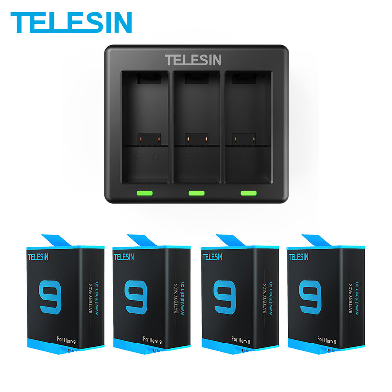 TELESIN-Batería de 1750mAh para GoPro 9, cargador de batería LED de 3 vías con Cable, accesorios para Cámara de Acción, color negro
