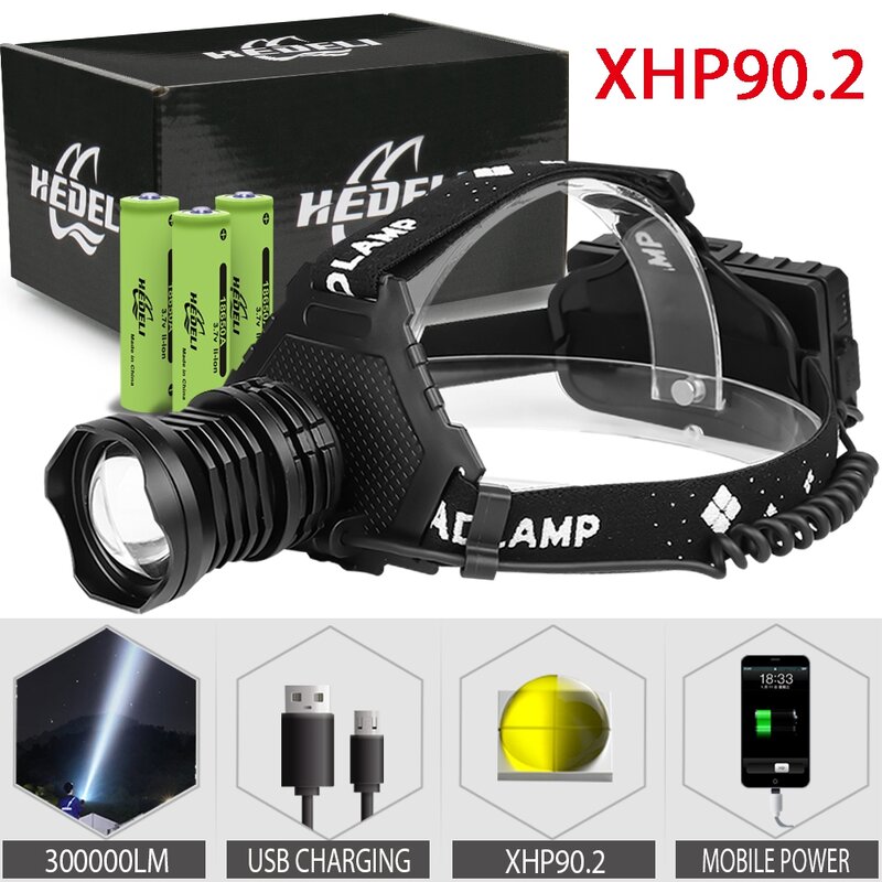 300000 LM XHP90.2 Lampu LED XHP90 High Power Head Lampu Obor USB 18650 Isi Ulang XHP70 Head Light XHP50 Zoom LED lampu Depan