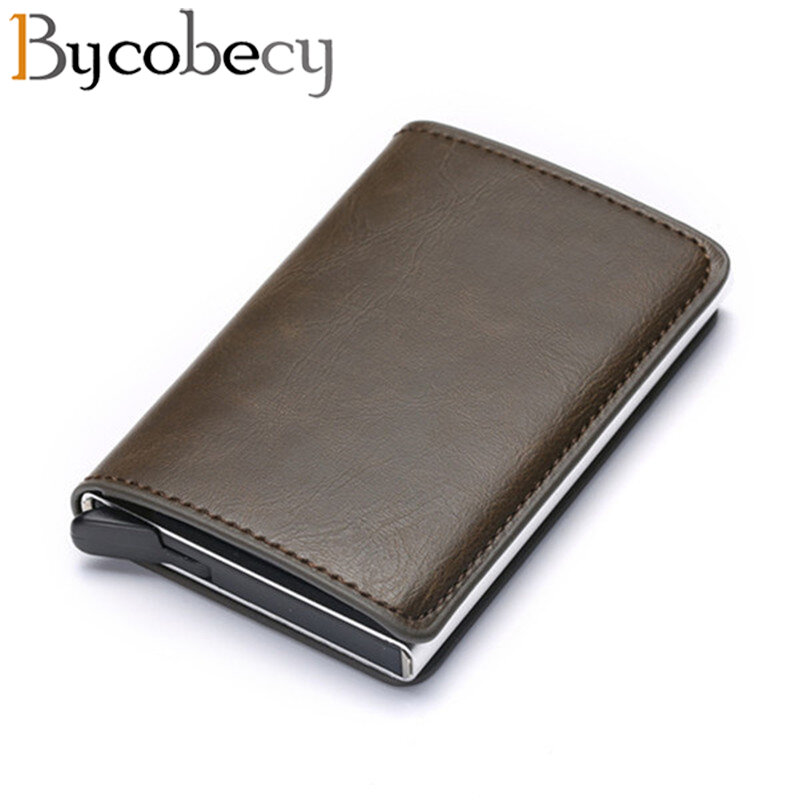 Bycobecy Visitekaarthouder Mannen Leather Wallet Id Credit Card Houder Automatische Rfid Kaarthouder Aluminium Doos Geval Card Wallet
