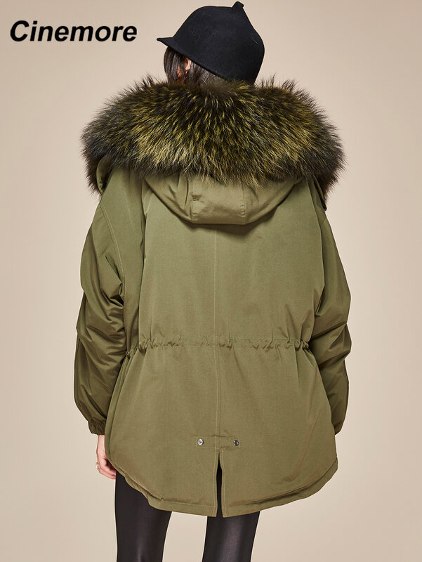 Cinemore 2021 jaqueta feminina com capuz natural real grande gola de pele inverno parkas solto forro de pele moda parka casaco feminino 870602