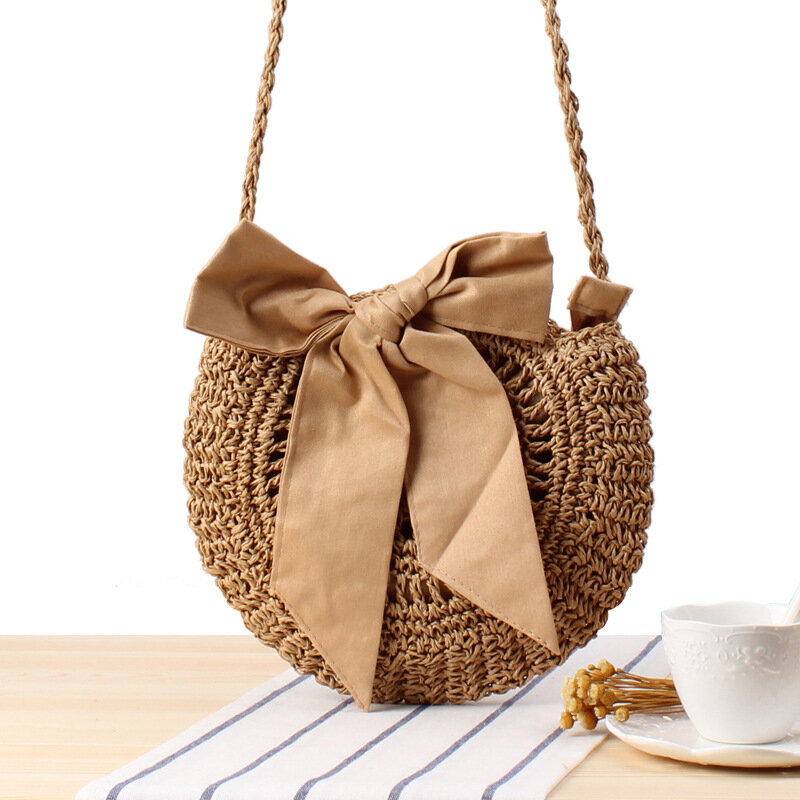 26x23 см, милая плетеная Сумка с бантом, ручная работа, круглая соломенная сумка, женская пляжная сумка a7218