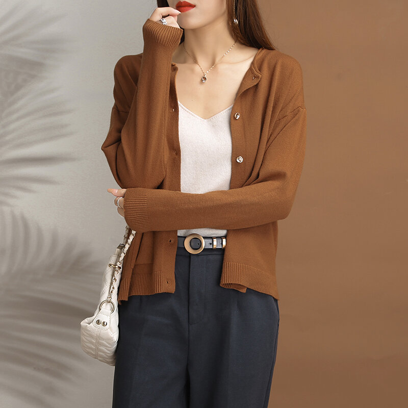 Cardigan à manches longues et col rond pour femme, chemise polyvalente, pull-over, mode coréenne, chaud, ample, printemps-automne