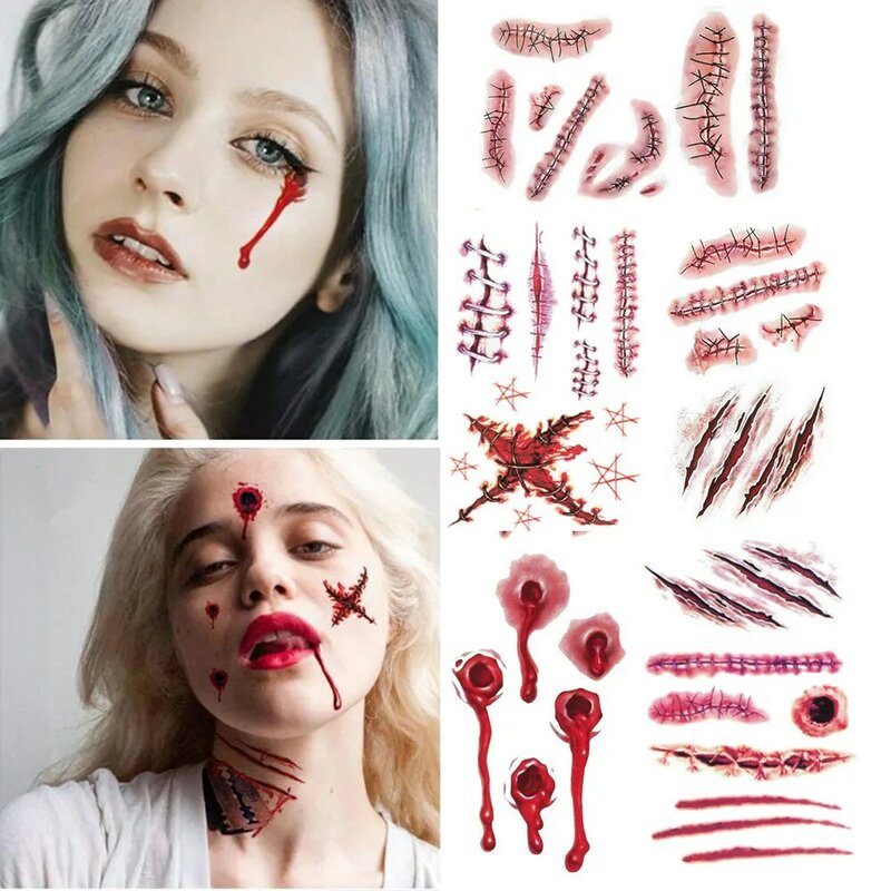 Tatuagens de cicatrizes zumbi com sarna falsa, maquiagem sangrenta, decoração do Dia das Bruxas, ferida sangue ferimento adesivo, 2 pcs, 10pcs