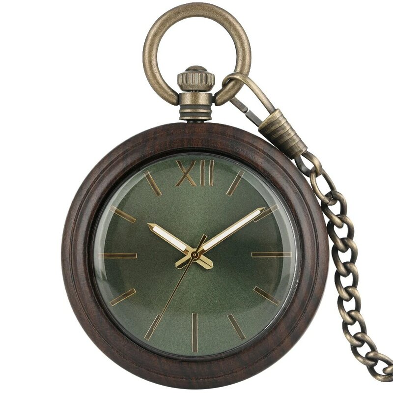 Przenośny ciemnobrązowy hebanowy kieszonkowy zegarek kwarcowy praktyczny duża okrągła tarcza z cyframi rzymskimi srebrny łańcuszek z wisiorem Unisex