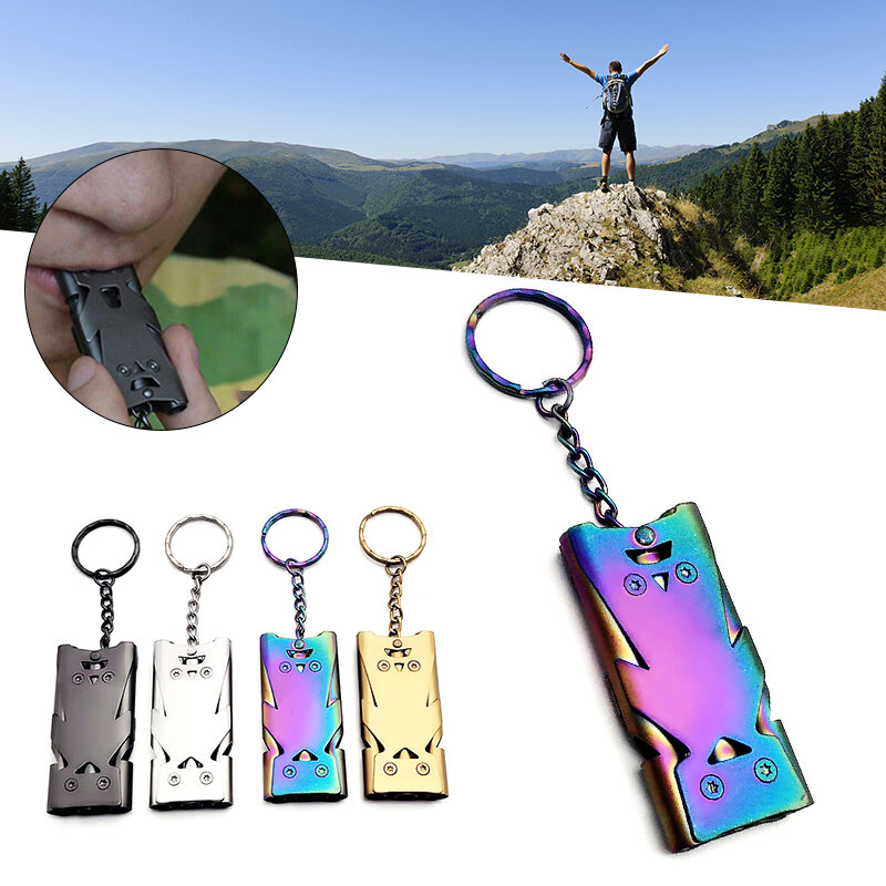 High Decibel Whistle Keychain Stainless Steel Double Pipe Camping Hiking Emergency Survival Whistle Outdoors Tools Portable 2023