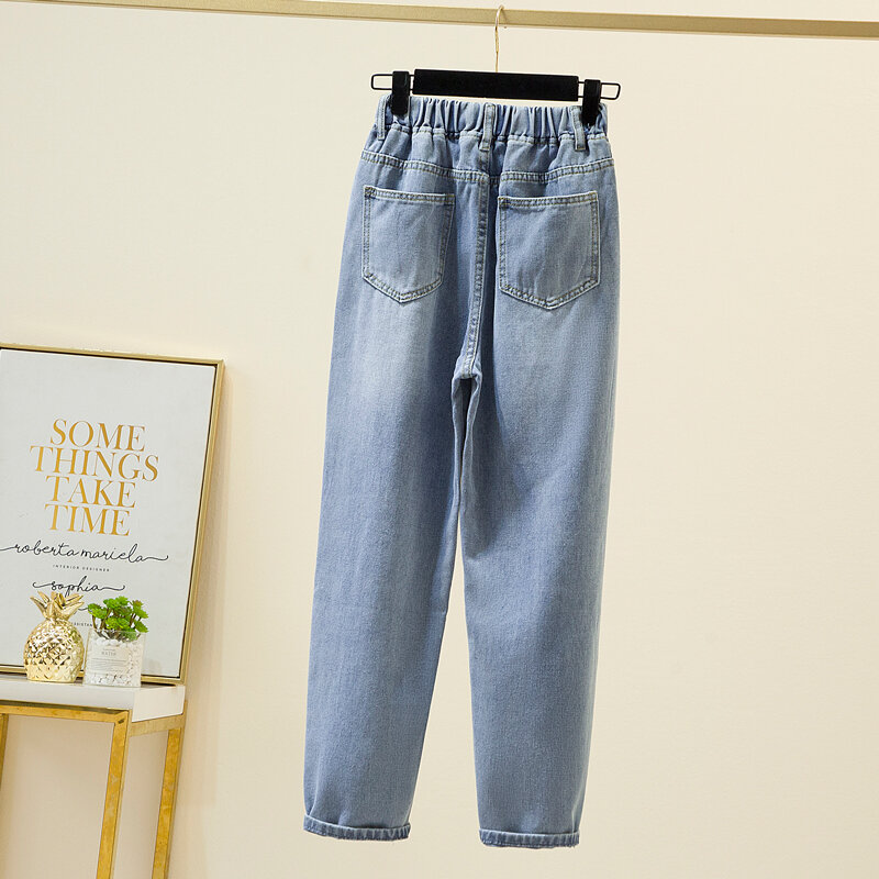 Calça jeans solta com cintura elástica feminina, calça jeans casual sólida para mãe, tamanho grande, primavera e verão 2022