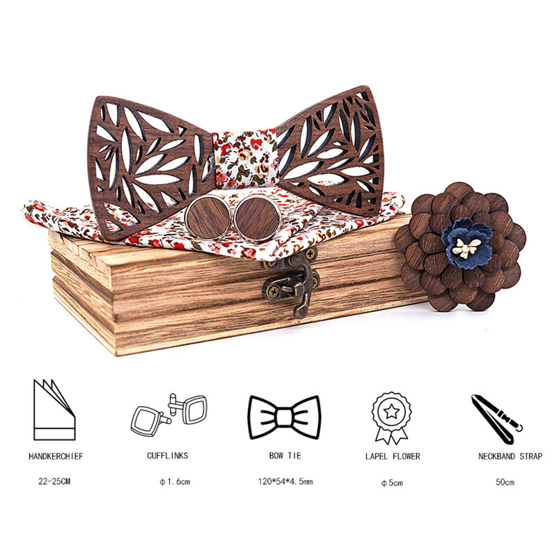 Pajarita de madera tallada para hombre, conjunto cuadrado de bolsillo, azul marino, Floral, caja de boda, novedad, T201, 2020
