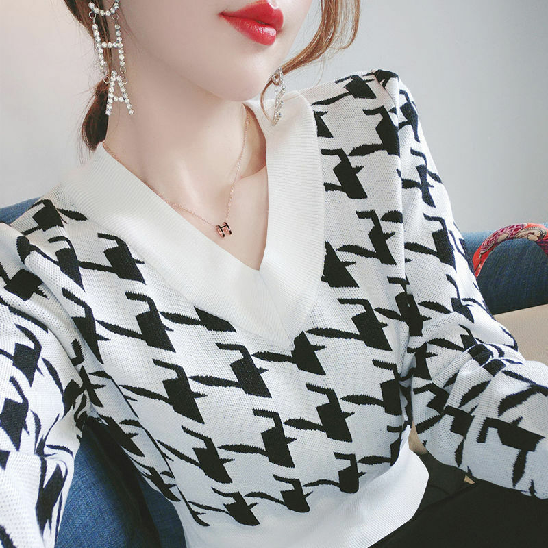 Женский рубашка трикотажная свитер с V-образным вырезом и длинным рукавом