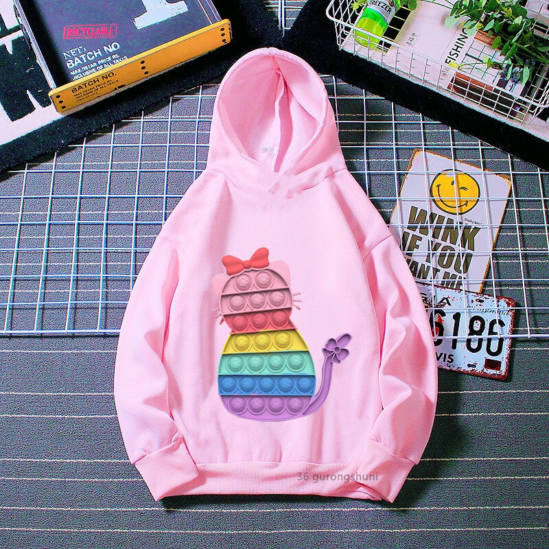Kawaii arco-íris gato impressão boné hoodies pop hoodies pop pop pop it crianças roupas harajuku moletom inverno/primavera agasalho roupas para crianças