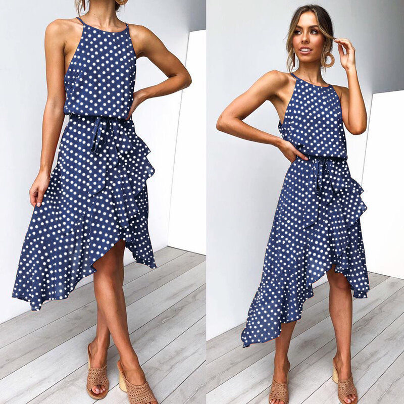 Summer Women's Dress Casual Sleeveless Dot print Beach Maxi Dresses Tunic Bow Belt Irregular Party Dress Plus Size