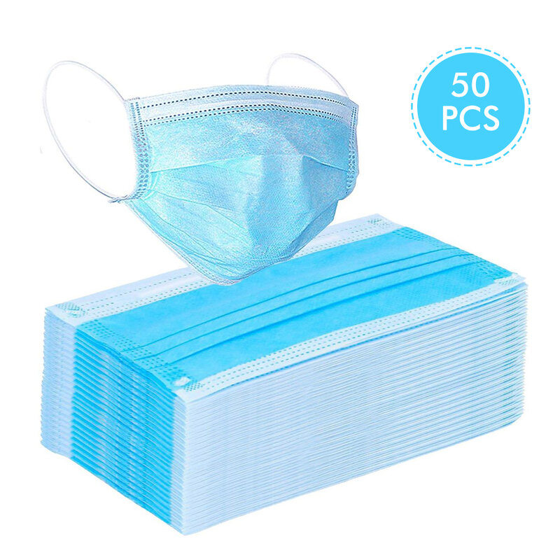 50 Pcs Disposable Dustproof Face Mouth Masks Anti 3-Ply PM2.5Anti Influenza Breathing Safety Masks Face CareElastic Solid Color