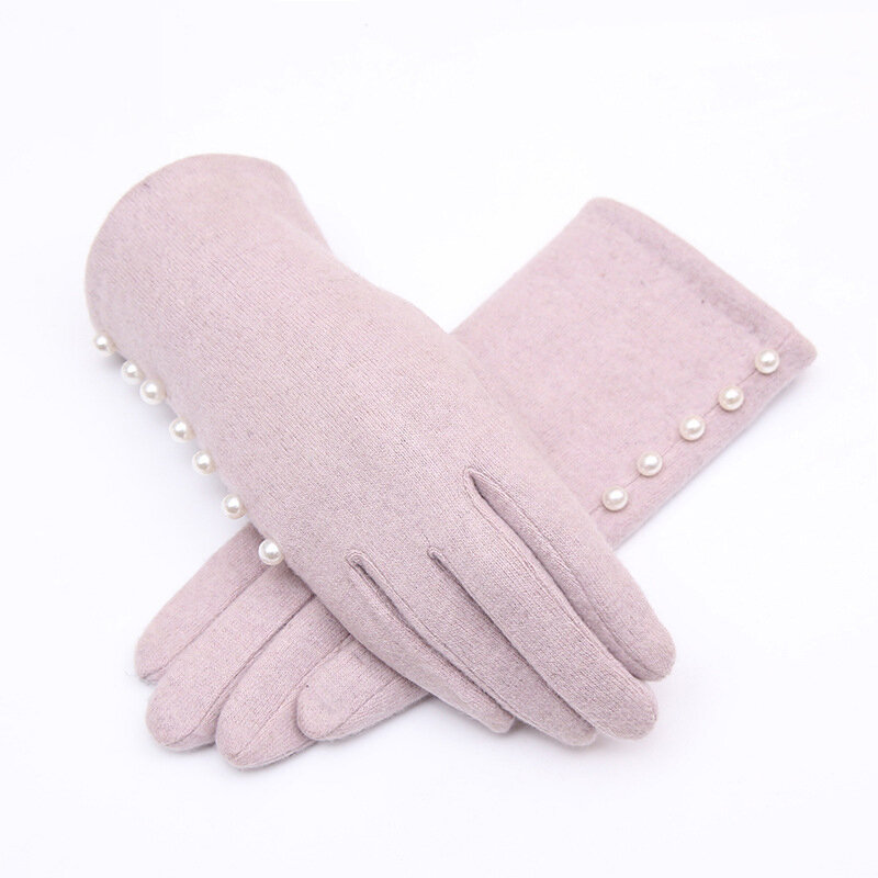New Women Winter Keep Warm Touch Screen Wool Knitting Pearls Elegant Fashion Female Plus Velvet Inside Thicken Outdoor Gloves
