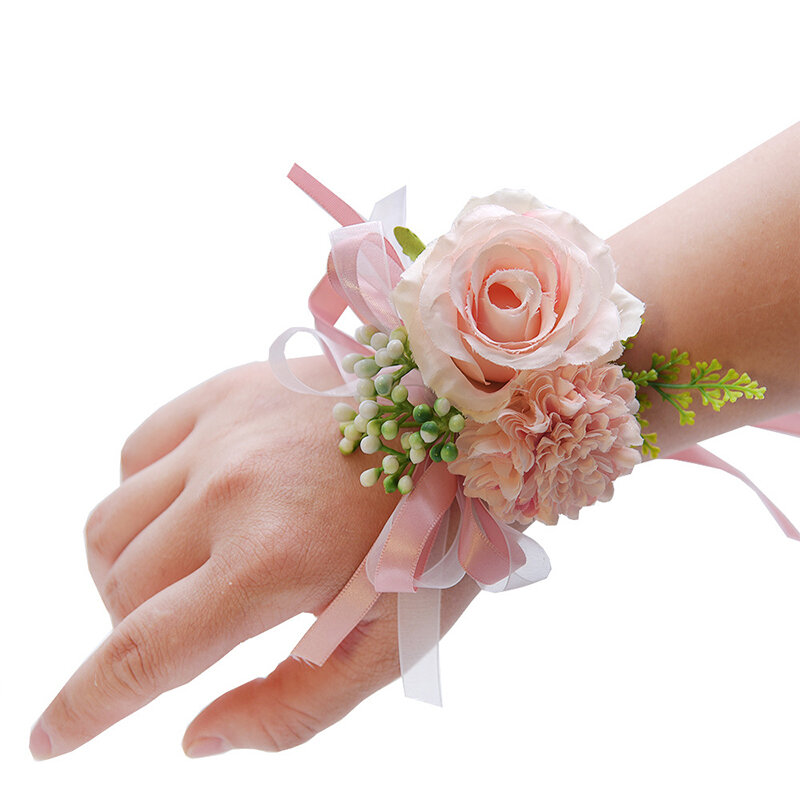 Flor de pulso para dama de honra, seda rosa, boutonniere, noivo corsage, casamento festa jóias, belos presentes, 1pc