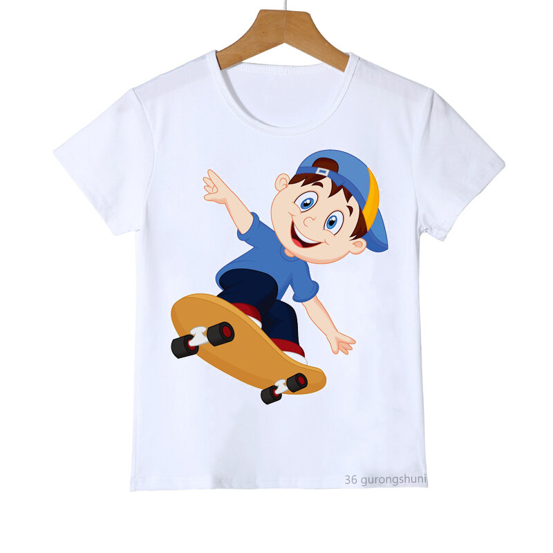 Camiseta divertida para niños, Camiseta estampada de skateboarding para niños pequeños, camiseta blanca de manga corta a la moda de verano, camisetas para niños al por mayor
