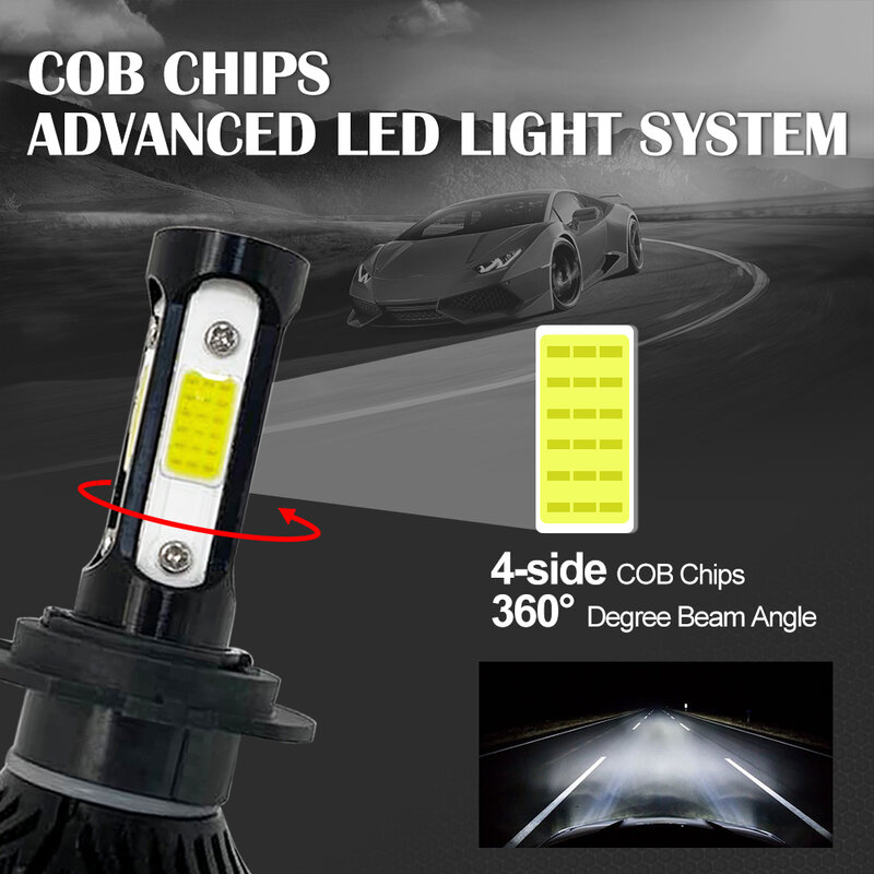 Minifaro LED para coche, lámpara de 4 lados COB, 20000LM, 80W, H4, H7, H1, H3, H8, H11, 9005, 9006, 3000K, 6000K, 2 uds.