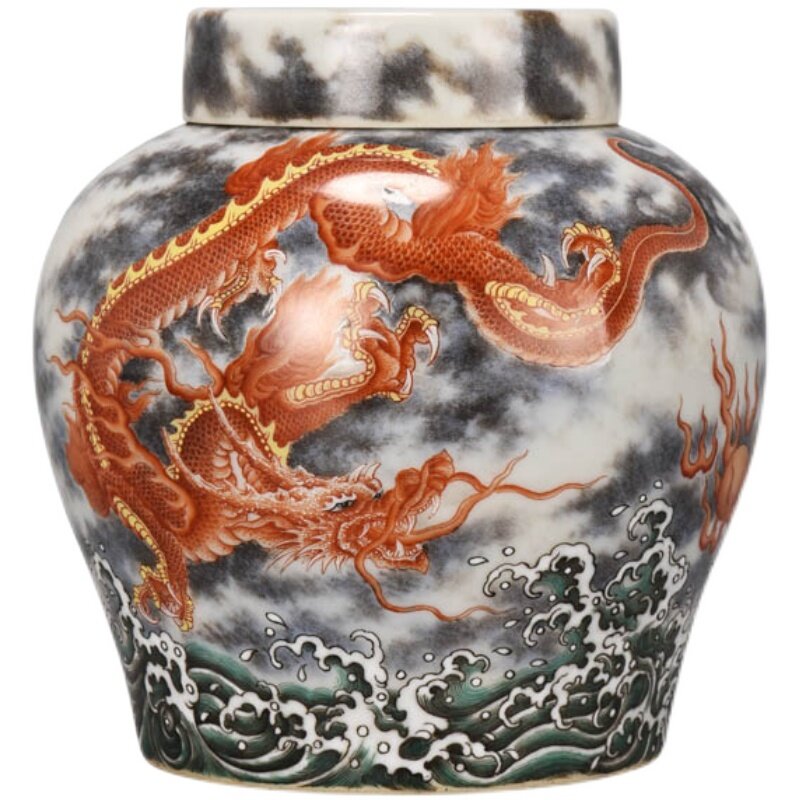 Jingdezhen – théière en céramique, faite à la main, motif d'eau de mer rouge, dragon ball, pot de rangement scellé, accessoires de cérémonie de thé
