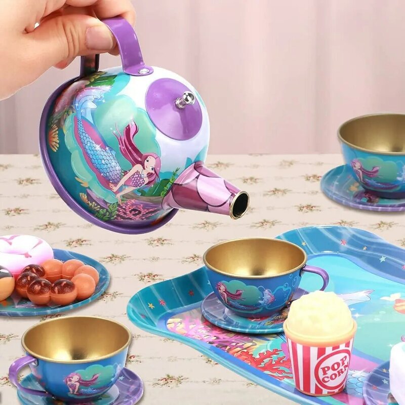 Juego de té de hojalata para niñas pequeñas, juguete de simulación de sirena, juego de cocina de princesa, juego de simulación