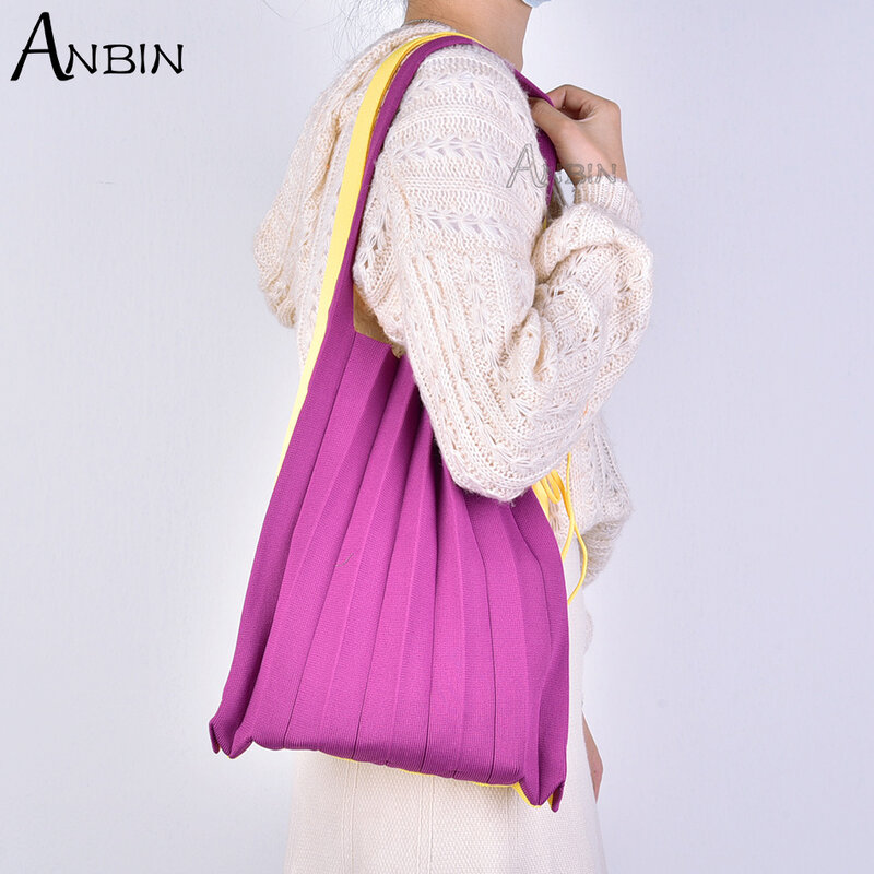 Saco de ombro feminino lã de malha dupla face cor sólida dobras costura sacos de órgão designer shopper bolsa para mulher