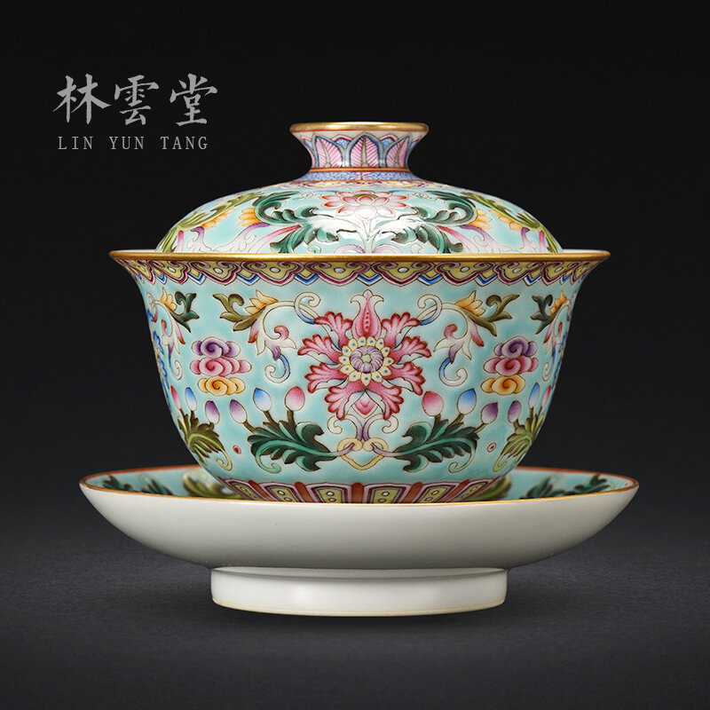 Lin Yuntang jingdezhen-cuenco cubierto de esmalte de colores, cuenco grande, tazas de té de alta calidad, espacio verde