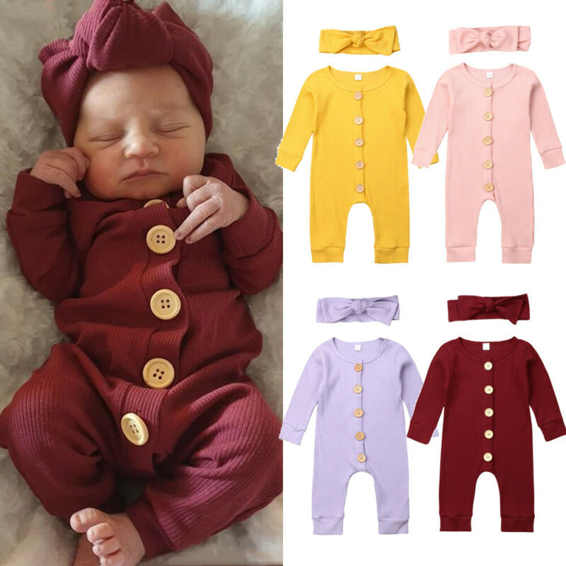2Pcs Newborn Baby Girl Boy Clothes Knitted Jumpsuit Solid Long Sleeve Autumn Winter Romper with Headband Outfit Clothes