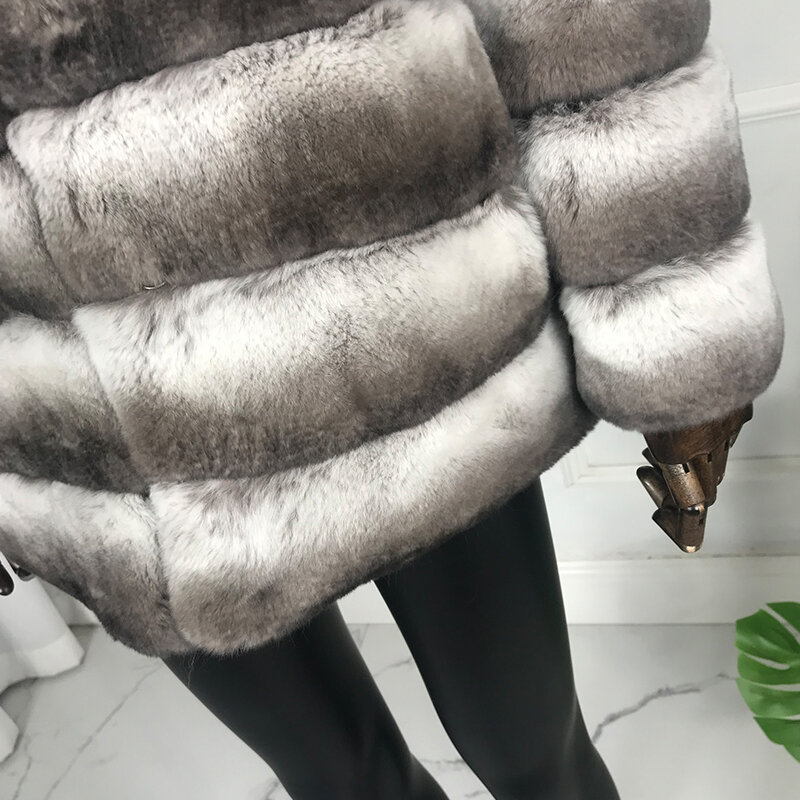 Real Fur Coat Women Natural Rex Rabbit Fur Jacket Chinchilla Color Overcoat Customize Plus-Size
