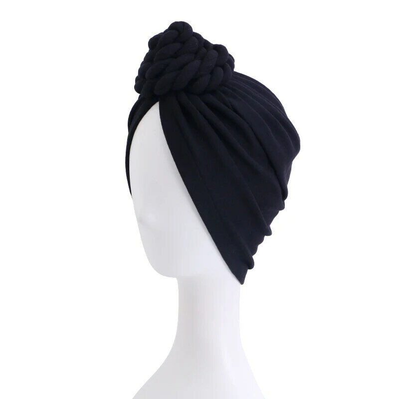 Topi Turban Simpul Kepang Mode Topi Hijab Warna Solid Topi Muslim Lembut Penutup Kepala untuk Wanita Aksesori Masker Bandana Rambut