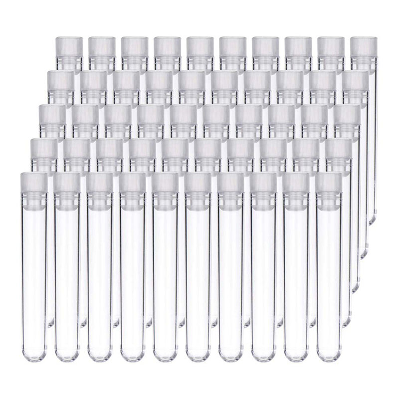 100Pcs Clear Plastic Test Tubes with White Screw Caps Sample Containers Bottles Push Caps 12X75mm