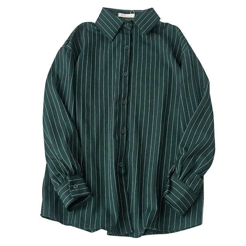Blusa de manga larga a rayas para mujer, ropa de calle de estilo coreano, camisa Vintage con botones, Tops verdes para mujer