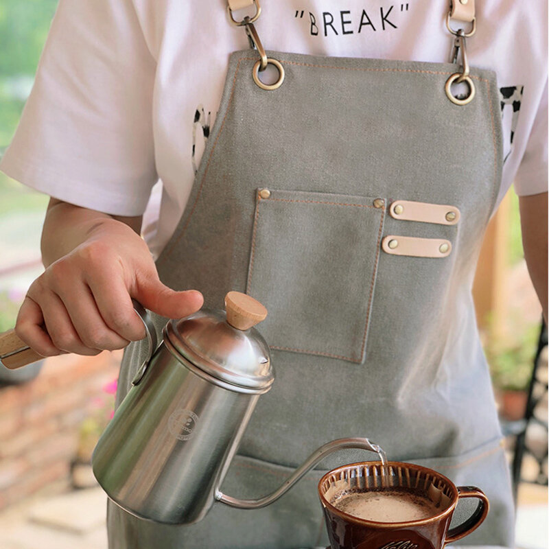 Waxed Canvas Apron Heavy Duty Adjustable Back Cross Strap Shop Apron with Tool Pocket for Chef Barber BBQ Hairdresser Work Apron