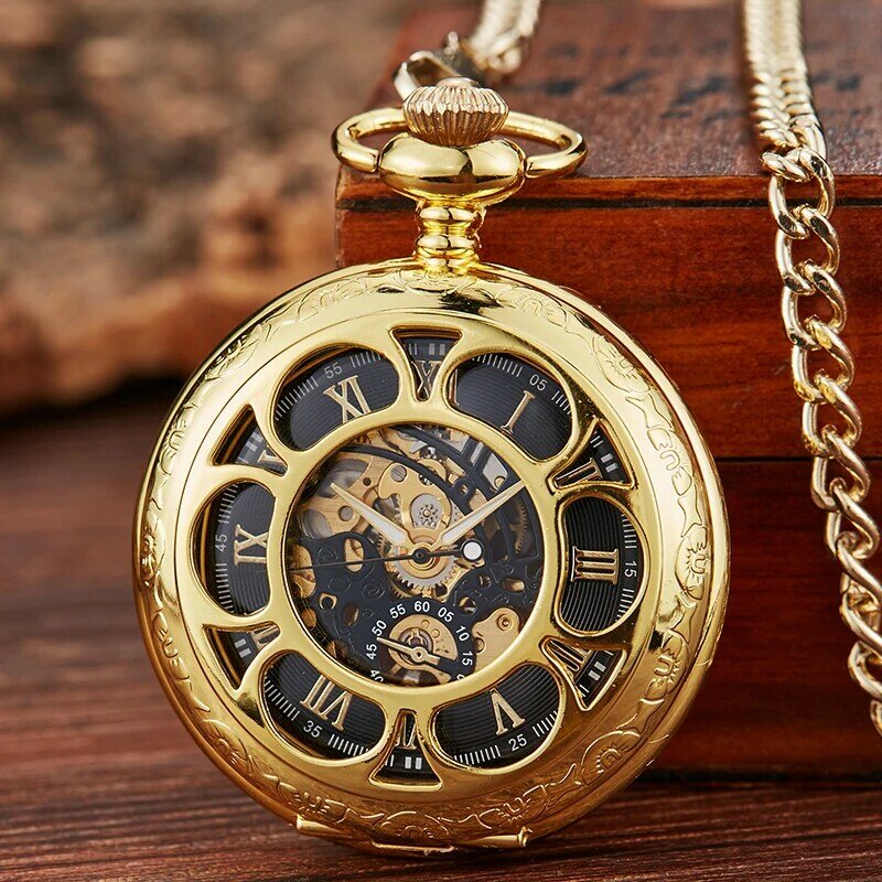Jam tangan saku mekanis kerangka antik 6 lubang angka Romawi Reloj rantai liontin diputar tangan mekanik pria zakisch zakhorloge
