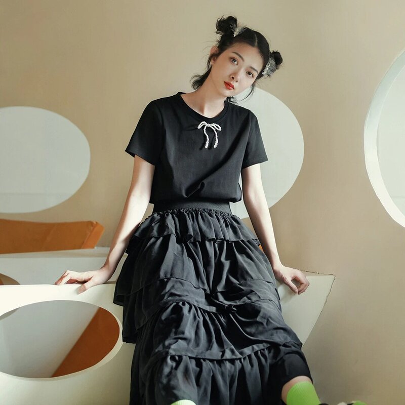 Imakokoni 원래 디자인 검은 얇은 명주 그물 치마 스커트 야생 높은 허리 스커트 여성 여름 213259