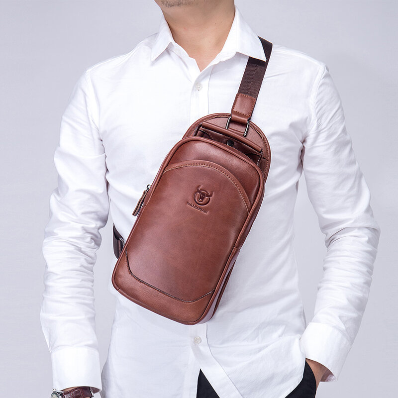 BULLCAPTAIN 100% Genuine Leather Messenger Shoulder Bag Men's Chest Bag Multifunctional Casual Fashion Messenger Handbag 06
