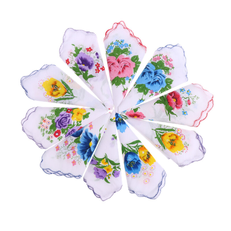 10 шт., женские хлопковые носовые платки с волнистыми краями и цветочным принтом
