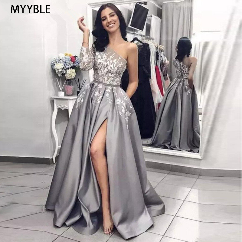 MYYBLE Grau Muslimischen Abendkleider 2020 A-linie Einer schulter Appliques Slit Dubai Saudi Arabisch Lange Abendkleid Prom Kleid