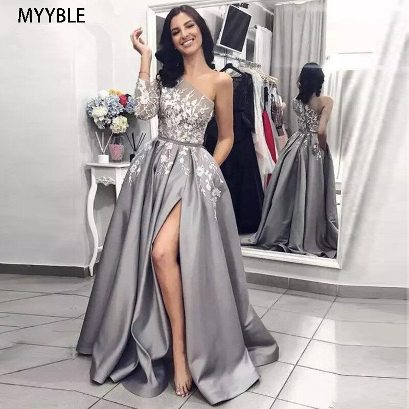 MYYBLE สีเทามุสลิมชุดราตรี2020 A-Line ไหล่ Appliques Slit ดูไบซาอุดีอาระเบียคำยาวชุดราตรีชุดราตรี