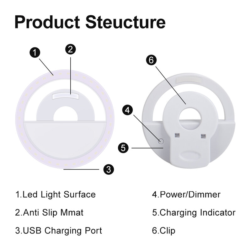 Yizhestudio-LEDリングライト,携帯電話用リングライト,写真撮影,メイクアップ,ランプクリップ付きミラー
